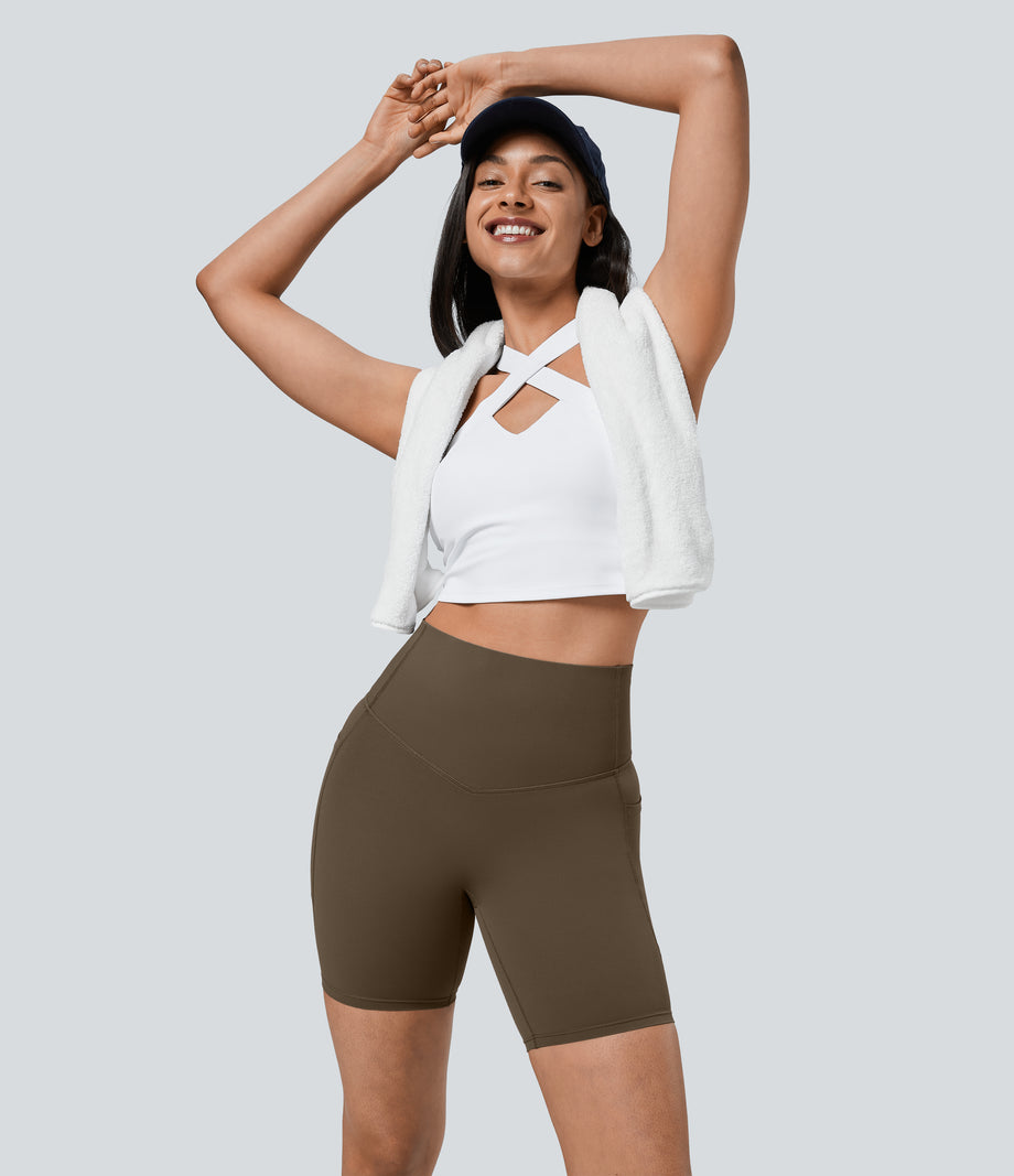 Halara UltraSculpt™ High Waisted Tummy Control Pocket Shaping Training Biker Shorts 7'' - Thick Earthy Brown