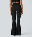 SoftlyZero™ High Waisted Crossover Pocket Contrast Lace Flare Yoga Leggings - Black