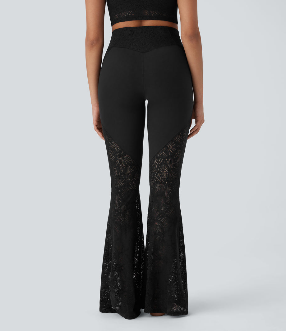 SoftlyZero™ High Waisted Crossover Pocket Contrast Lace Flare Yoga Leggings - Black