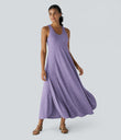 U Neck Flowy Maxi Casual Tank Dress - Light Purple Floral Yarn