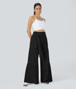 Breezeful™ High Waisted Shirred Tie Front & Back Wide Leg Flowy Quick Dry Casual Pants - Black