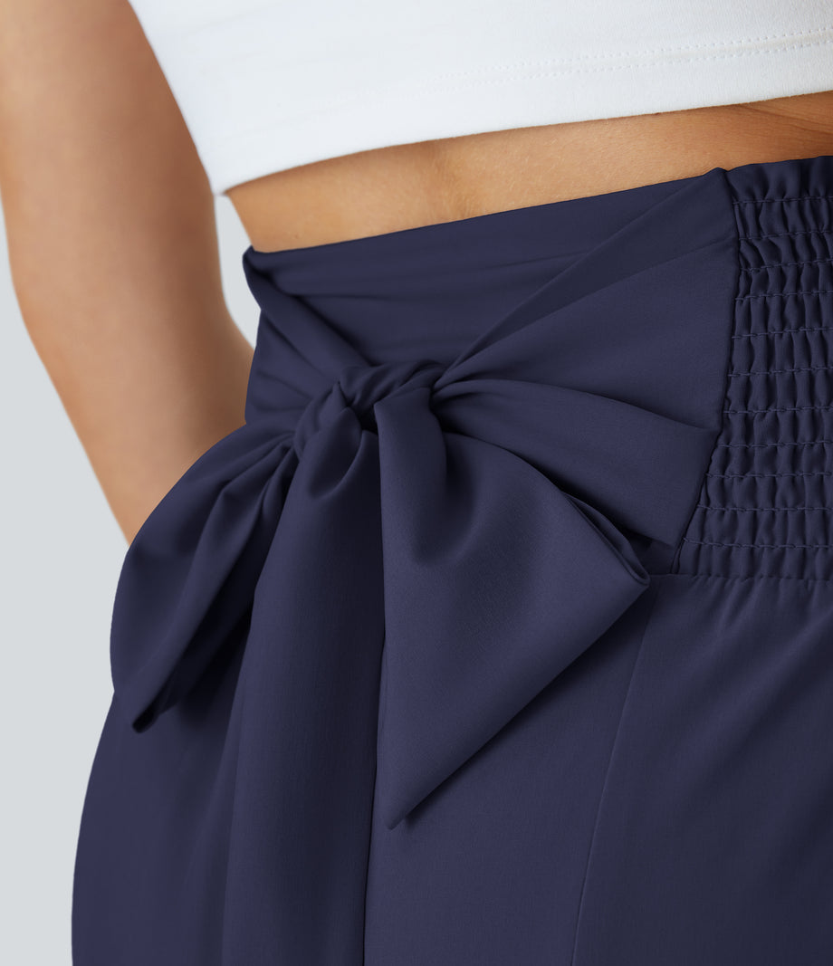 Breezeful™ High Waisted Shirred Tie Front & Back Wide Leg Flowy Quick Dry Casual Pants - Black Diamond Blue