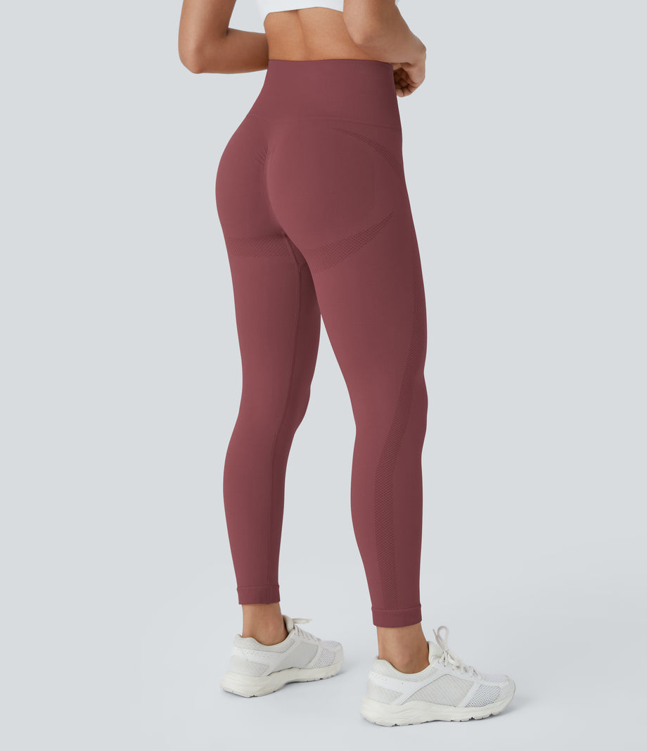OneForm Seamless Flow High Waisted Ruched 7/8 Yoga Leggings - Apple Butter