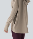 Hooded Cowl Neck Long Sleeve Thumb Hole Yoga Sports Top with Pockets - Humus