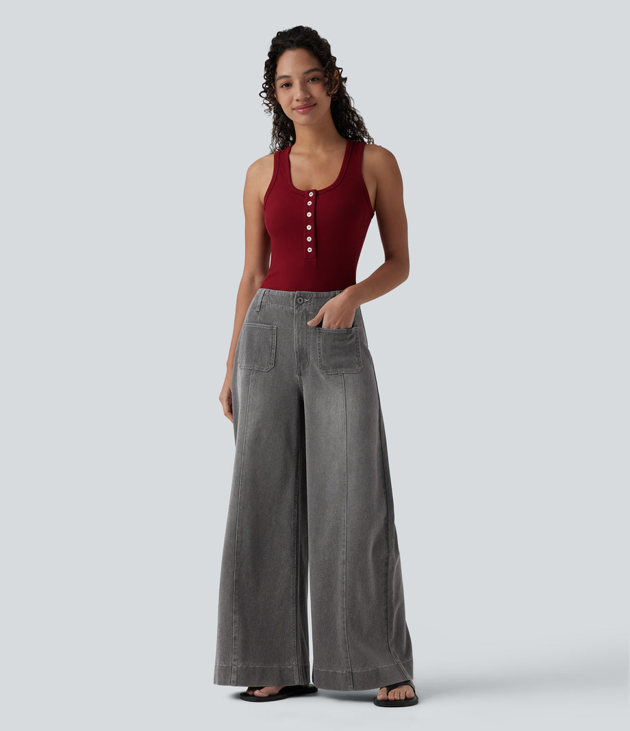 Halara Flex™ High Waisted Pockets Washed Casual Wide Leg Jeans - Cool Gray Denim