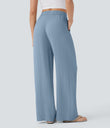 High Waisted Drawstring Pocket Wide Leg Baggy Casual Linen-Feel Pants - Mountain Spring