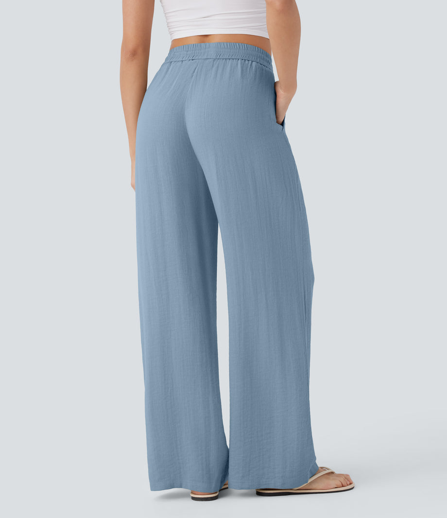 High Waisted Drawstring Pocket Wide Leg Baggy Casual Linen-Feel Pants - Mountain Spring