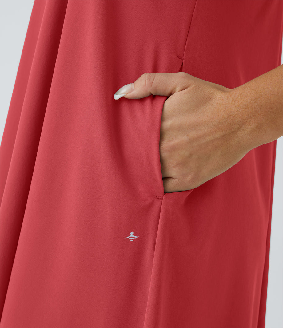 Breezeful™ Backless Racerback Side Pocket High Low Flowy Midi Quick Dry Casual Dress - Pompeian Red
