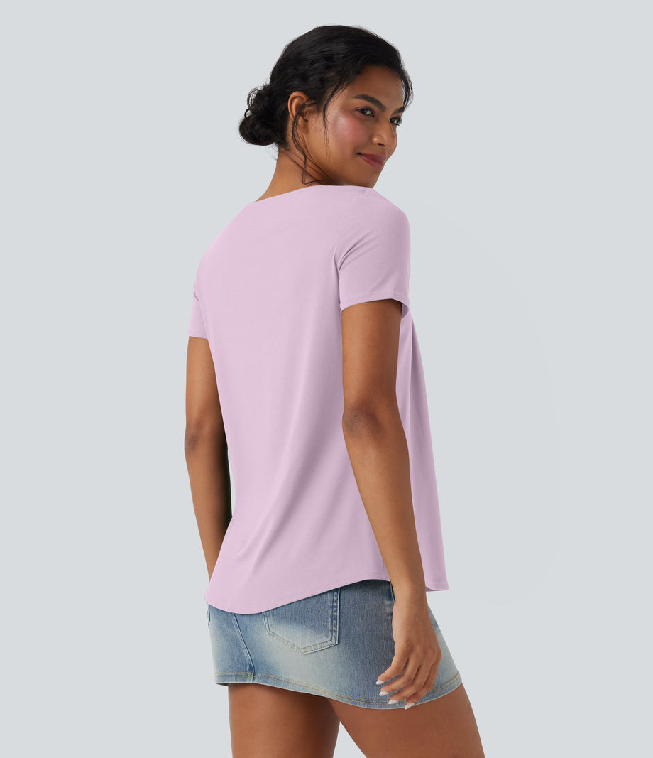 Square Neck Short Sleeve Casual Top - Orchid Ice