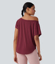 One Shoulder Short Sleeve Curved Hem High Low Quick Dry Yoga Sports Top - Tibetan Red