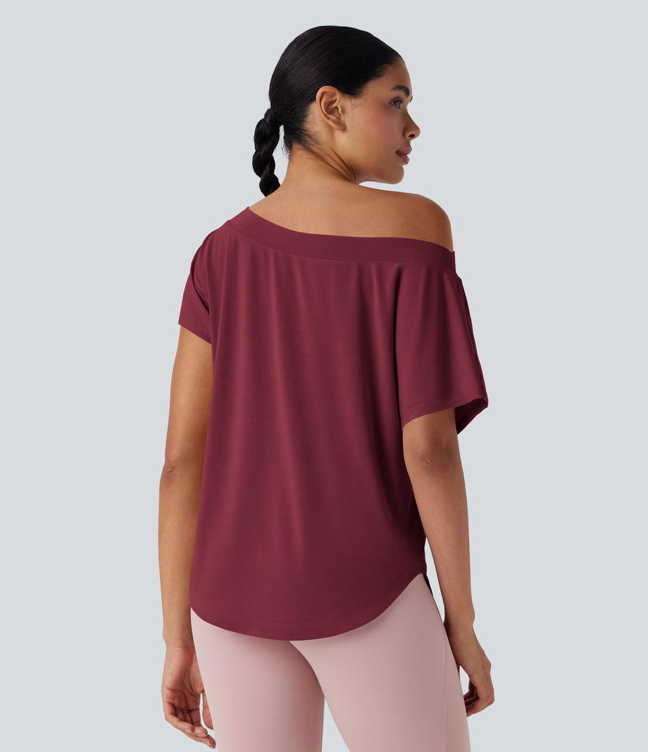 One Shoulder Short Sleeve Curved Hem High Low Quick Dry Yoga Sports Top - Tibetan Red