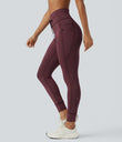 High Waisted Drawstring Striped Yoga Leggings with Pockets - Burgundy Wine