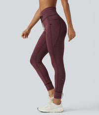 High Waisted Drawstring Striped Yoga Leggings with Pockets - Burgundy Wine