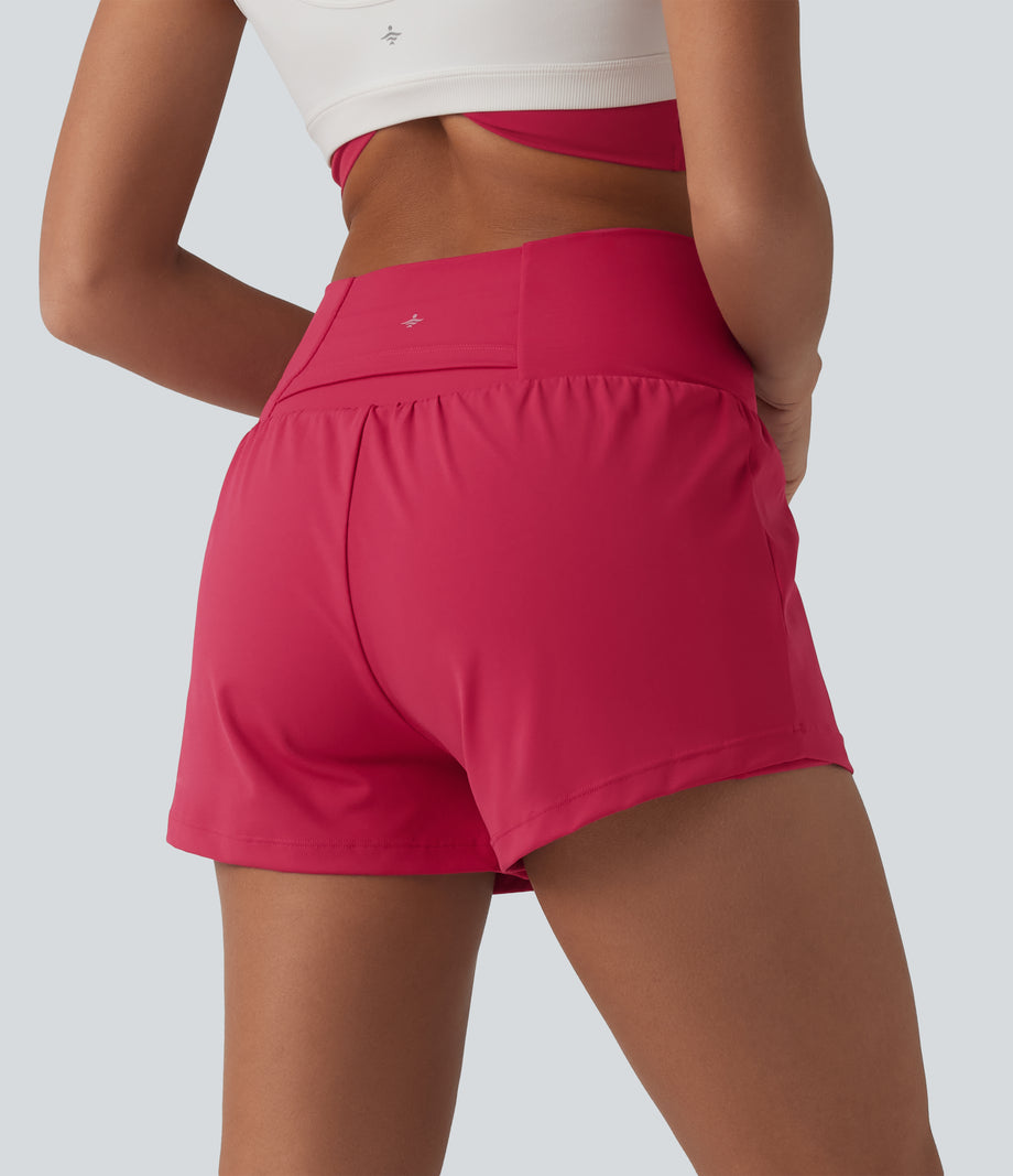 SoftlyZero™ Airy Crossover High Waisted 2-in-1 Cool Touch Yoga Shorts 3'' with Pockets - Winterberry