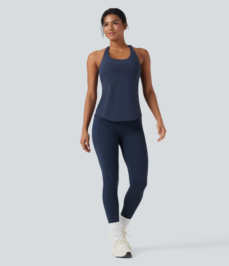 Halara UltraSculpt™ Round Neck Crisscross Back Running Tank Tops DD-F Cups - Mood Indigo
