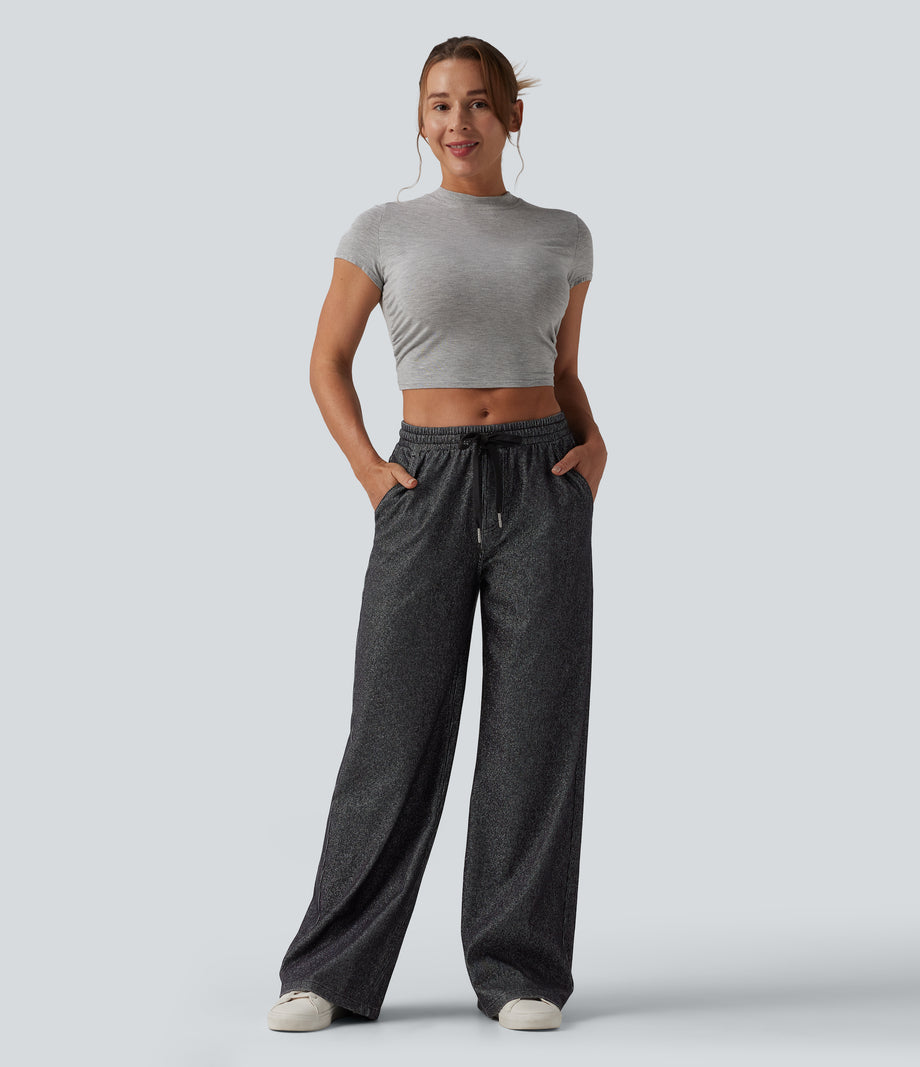 Halara Flex™ Low Rise Drawstring Wide Leg Sparkle Casual Sweatpants Jeans with Pockets - Phantom Denim