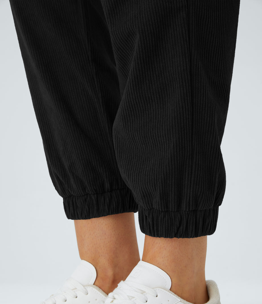 Mid Rise Zipper Pockets Corduroy Casual Joggers - Black