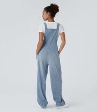 Halara Flex™ V Neck Pocket Washed Denim Casual Overalls - Powder Blue Denim