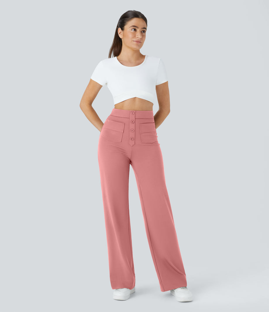 DayStretch High Waisted Pockets Straight Leg Casual Pants - Candy Pink