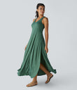 U Neck Flowy Maxi Casual Tank Dress - Dark Green Floral Yarn
