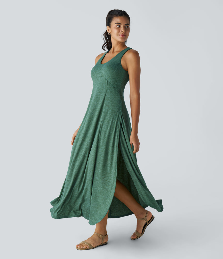 U Neck Flowy Maxi Casual Tank Dress - Dark Green Floral Yarn