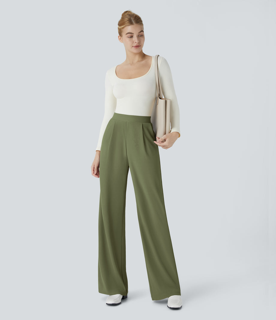 Halara Flex™ High Waisted Body Sculpt Waist-Slimming Pocket Wide Leg Micro Waffle Work Pants - Mosstone