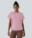 Round Neck Short Sleeve Ruched Cool Touch Yoga Sports Top-UPF50+ - Pink Nectar