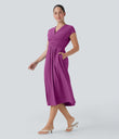 Breezeful™ V Neck Short Sleeve Pocket Tie Back Quick Dry Midi Casual Dress - Purple Wine