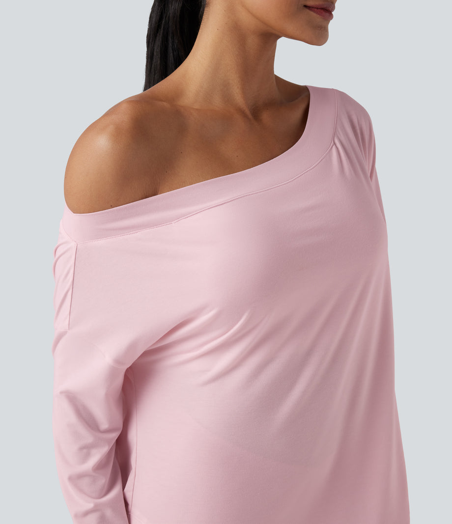One Shoulder Long Sleeve Thumb Hole Curved Hem High Low Quick Dry Yoga Sports Top-Built-in Bra - Pale Lilac