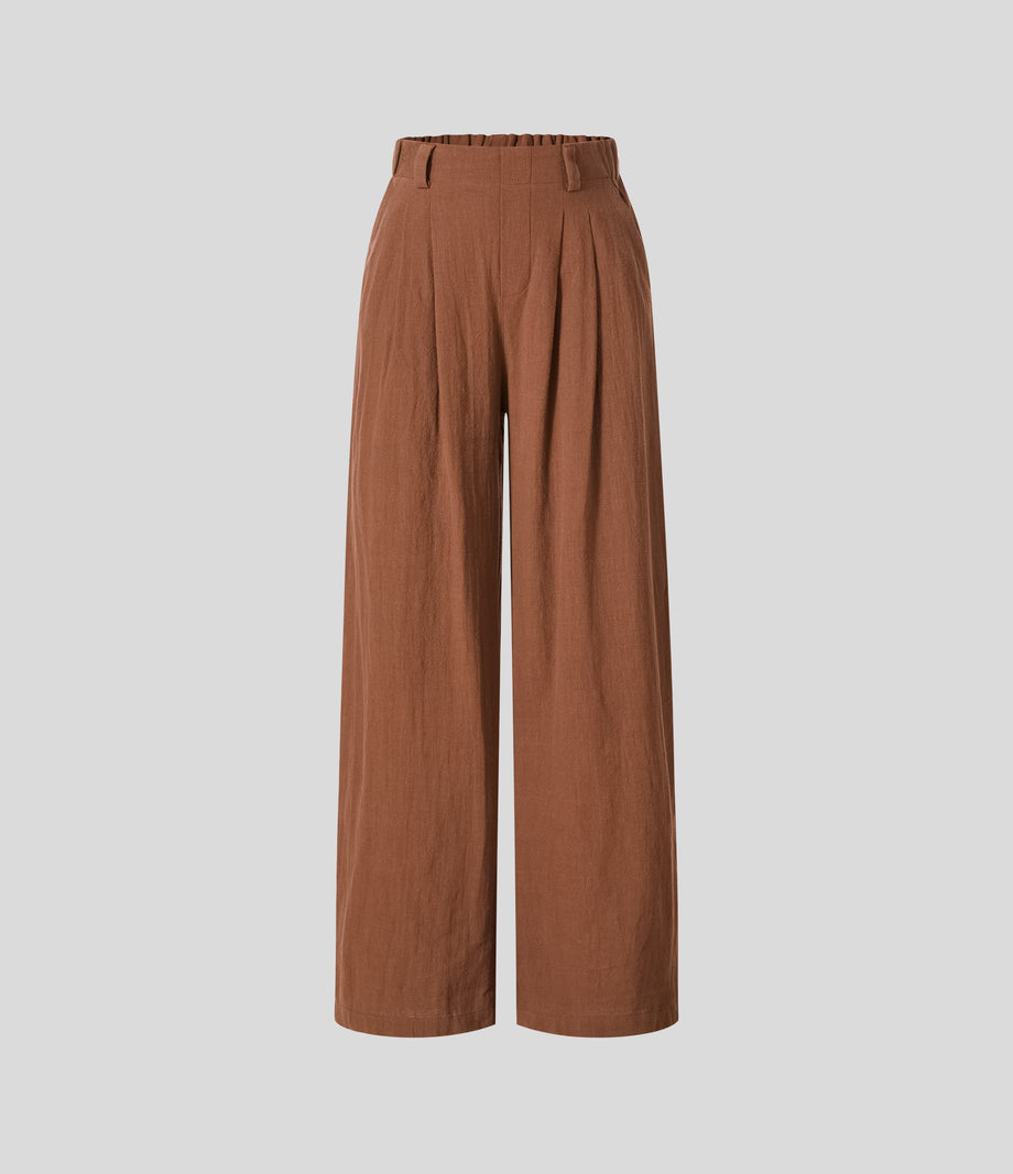 High Waisted Pocket Wide Leg Flowy Solid Palazzo Casual Linen-Feel Pants - Sierra