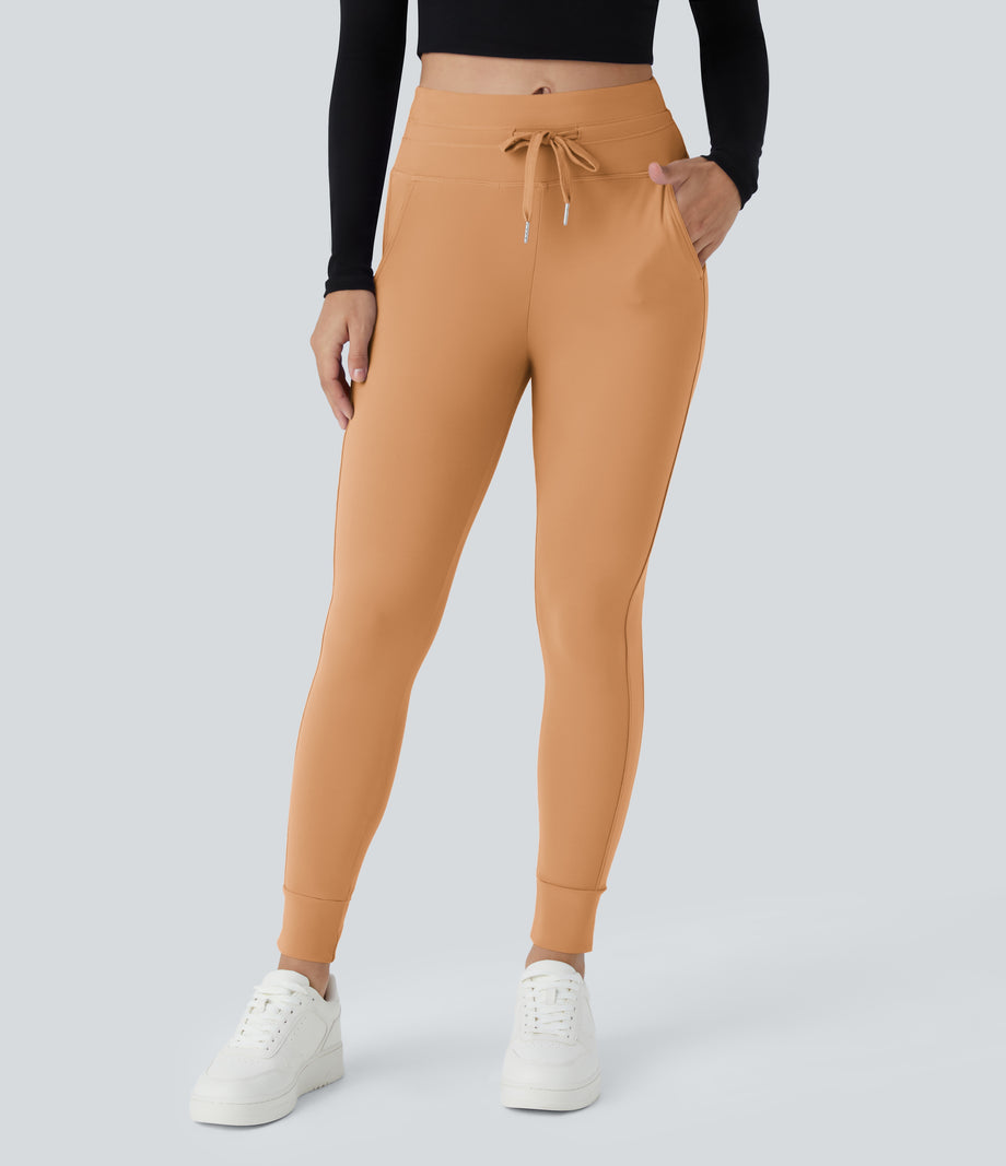 SoftlyZero™ Plush High Waisted Drawstring Pocket Plain Full Length Joggers - Butterum