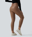 High Waisted Stretchy PU Fleece Casual Leggings with Pockets - Argan Oil