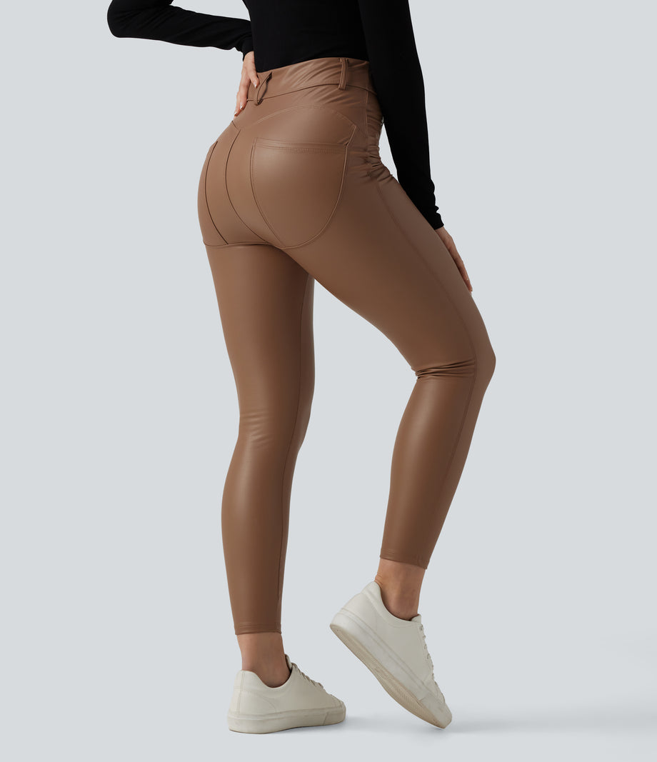 High Waisted Stretchy PU Fleece Casual Leggings with Pockets - Argan Oil