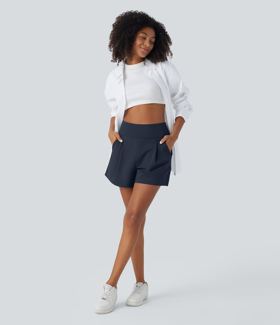 DayStretch High Waisted Work Baggy Shorts 4'' with Pockets - Midnight Blue