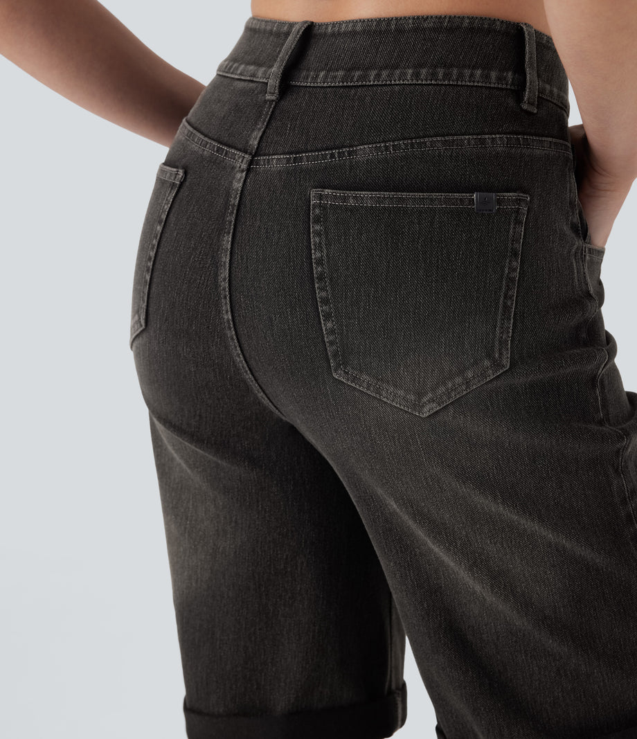 Halara Flex™ High Waisted Pockets Rolled Hem Washed Denim Casual Bermuda Shorts - Phantom Denim