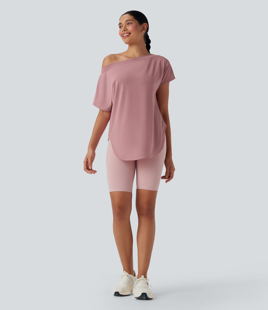 One Shoulder Short Sleeve Curved Hem High Low Quick Dry Yoga Sports Top - Soft Berry