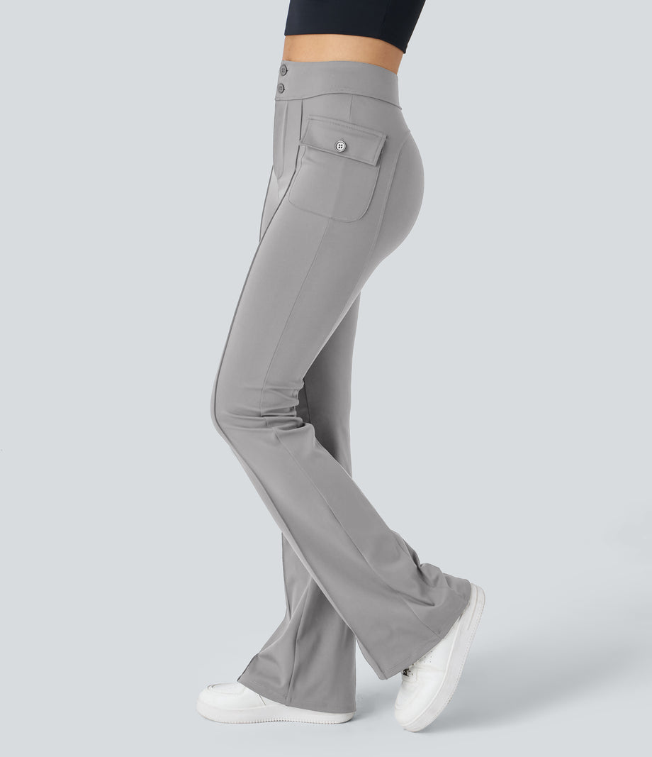 High Waisted Side Flap Pocket Flare Casual Cargo Pants - Silent Storm