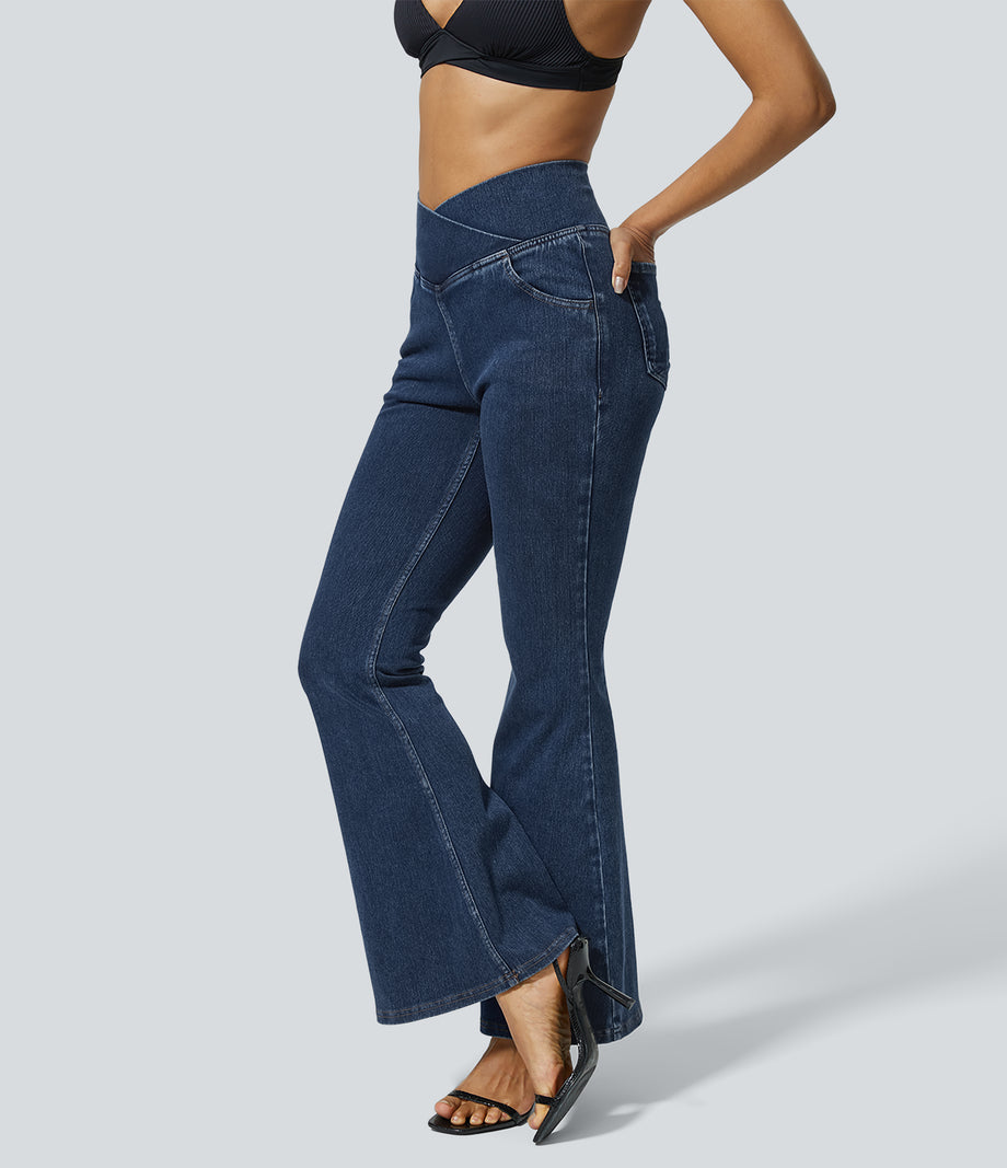 Halara Flex™ High Waisted Crossover Pocket Washed Casual Jeans - Washed Denim Navy Blue