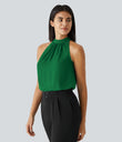 Keyhole Back Halter Sleeveless Curved Hem Work Blouse - Abundant Green