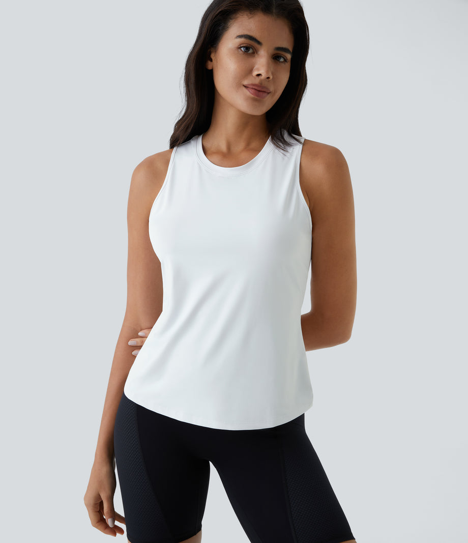 Cut Out Crossover Hem Solid Yoga Tank Top - White