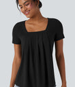 Square Neck Short Sleeve Casual Top - Black