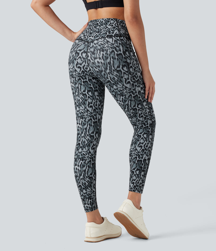 Halara UltraSculpt™ Leopard Print High Waisted Tummy Control Yoga Leggings with Pockets - Black and Silver Leopard Print