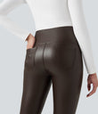High Waisted Tummy Control Stretchy PU Fleece 7/8 Skinny Casual Leggings with Pockets - Java