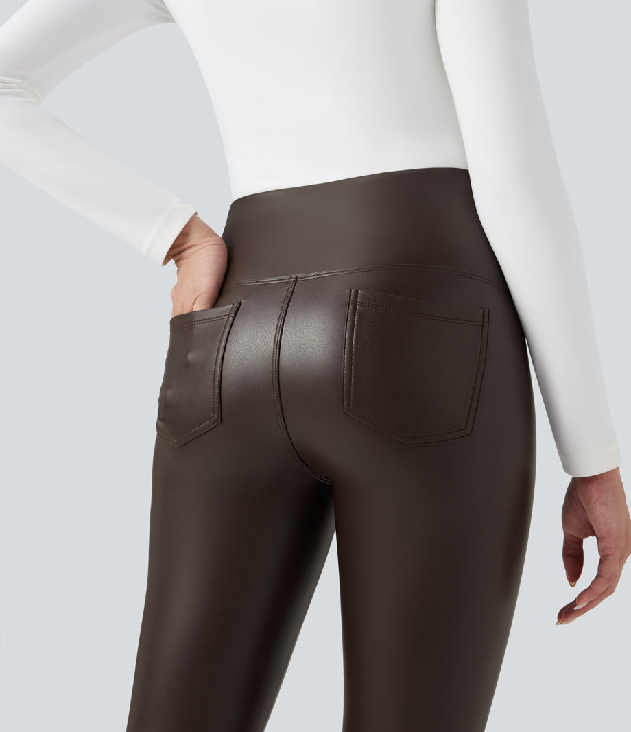 High Waisted Tummy Control Stretchy PU Fleece 7/8 Skinny Casual Leggings with Pockets - Java