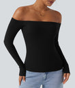 Ribbed Knit Off Shoulder Long Sleeve 2-in-1 Casual Top - Black