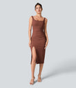SoftlyZero™ Airy Square Neck Backless Corset Ruched Split Bodycon Midi Cool Touch Bridesmaid and Wedding Guest Dress - Sequoia