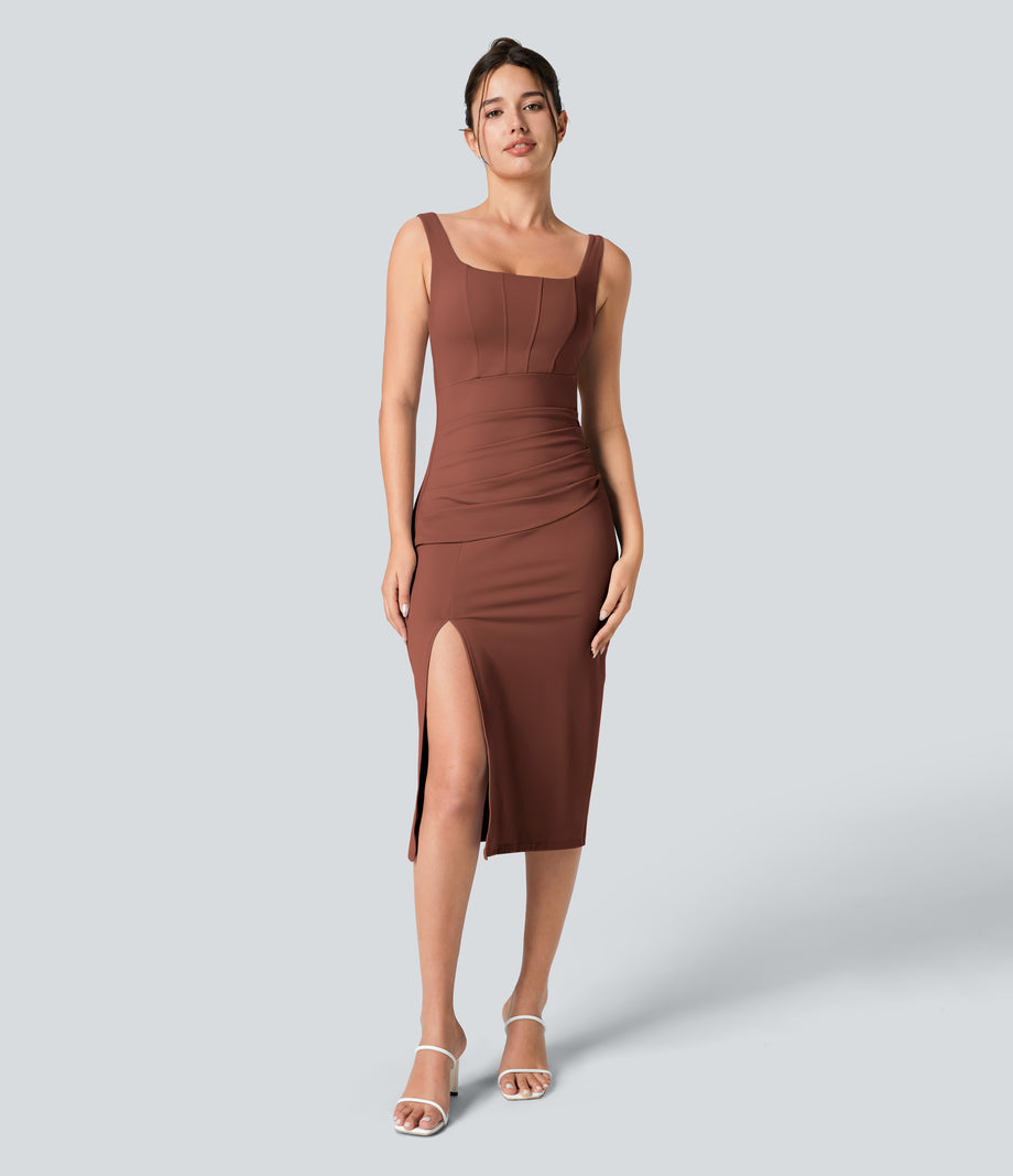 SoftlyZero™ Airy Square Neck Backless Corset Ruched Split Bodycon Midi Cool Touch Bridesmaid and Wedding Guest Dress - Sequoia