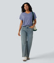 V-neck Short Sleeve Ruched Relaxed Casual Top - Light Blue Floral Yarn