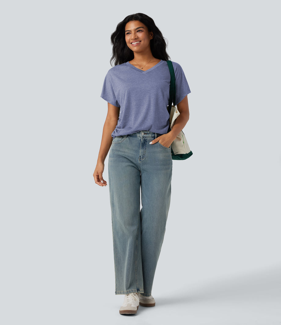 V-neck Short Sleeve Ruched Relaxed Casual Top - Light Blue Floral Yarn