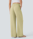 High Waisted Drawstring Pocket Wide Leg Baggy Casual Linen-Feel Pants - Golden Mist